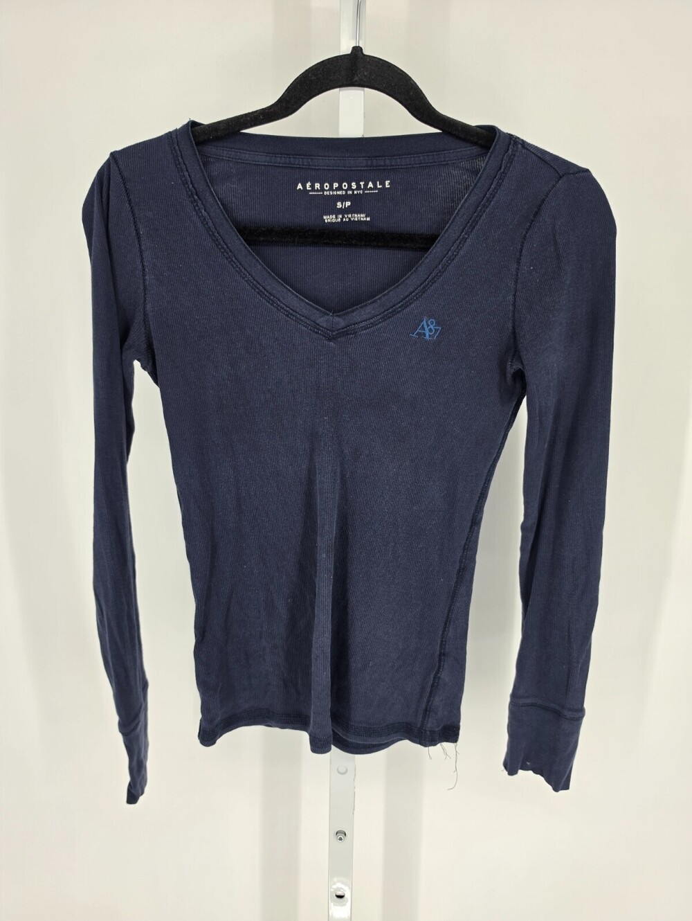 Vtg Y2K Aeropostale Womens Sz S Long Sleeve Fitted T Shirt V Neck Navy Blue